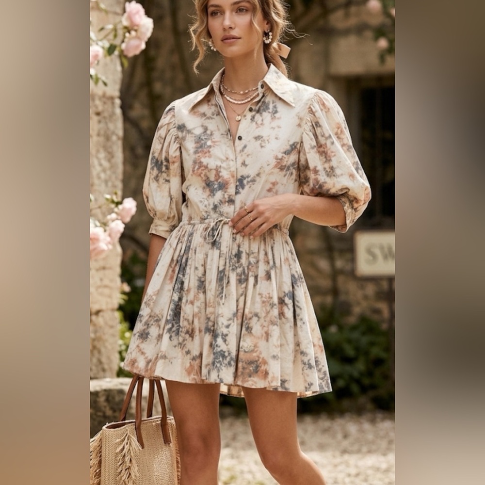 SWF Cotton Tie Dye Puff Sleeve Mini Dress XS Earthy Button Front Drawstring